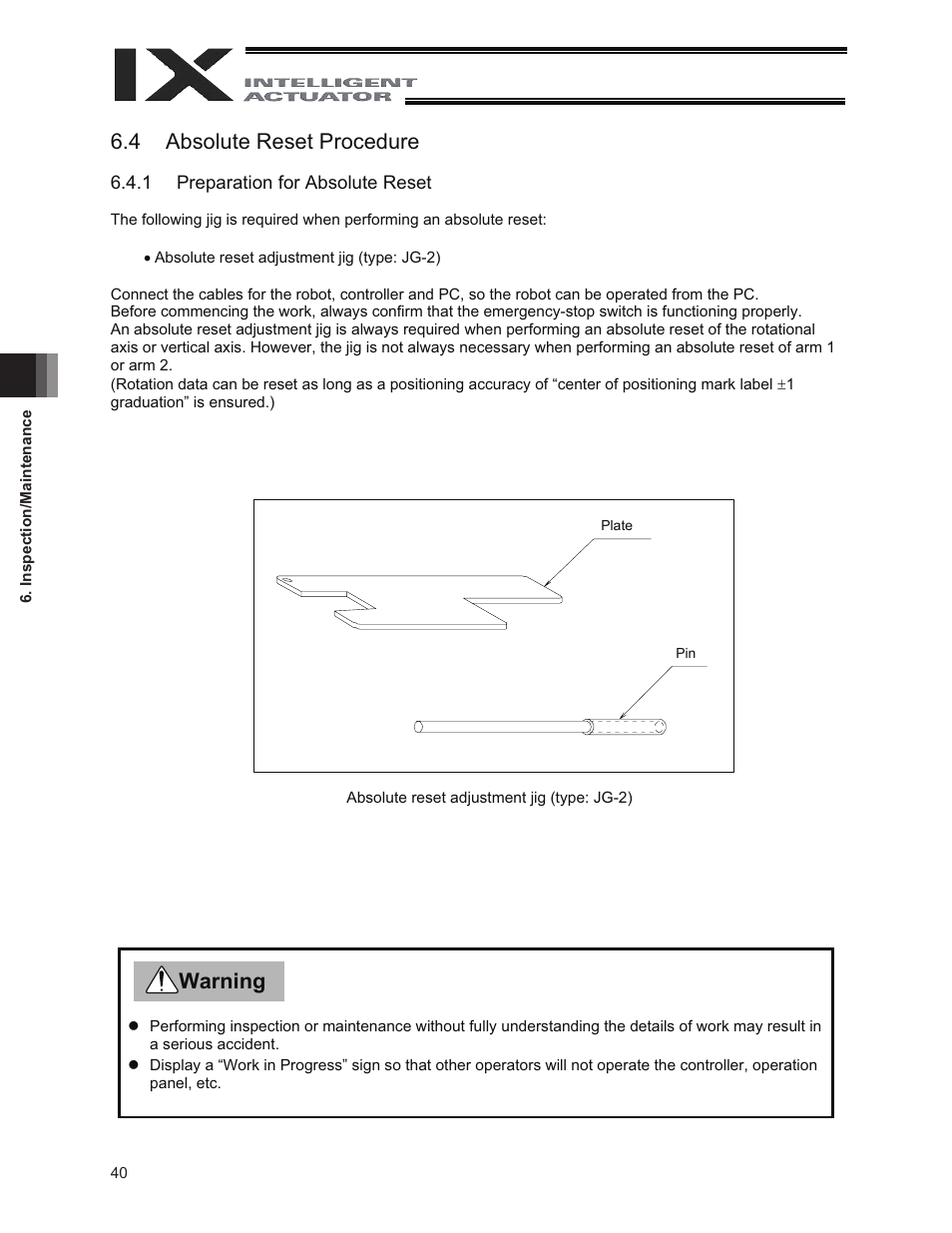 4 absolute reset procedure, Warning | IAI America IX-NNW3515 User Manual | Page 46 / 76