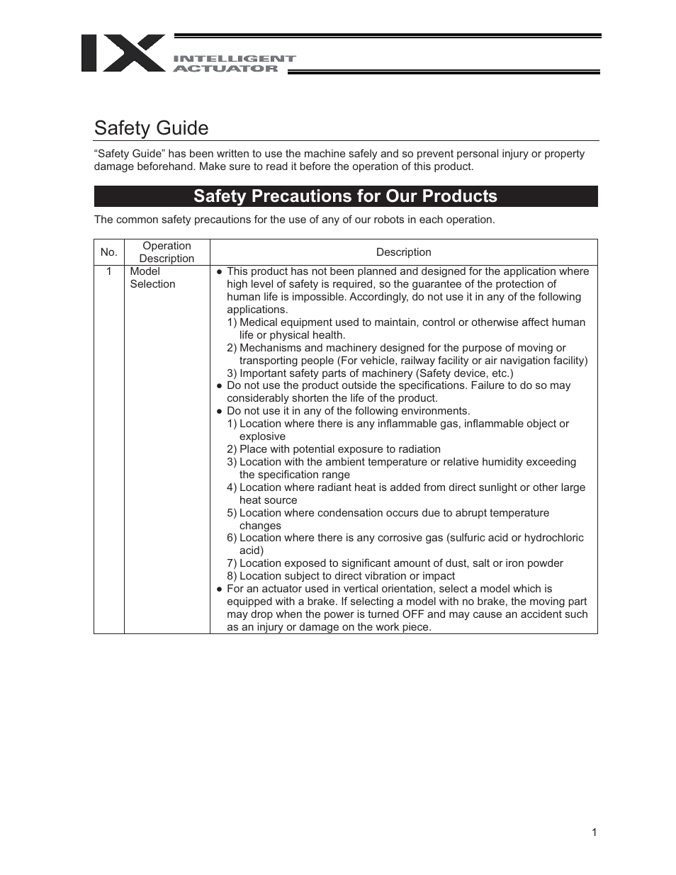 Safety guide, Safety precautions for our products | IAI America IX-NNW3515 User Manual | Page 7 / 76