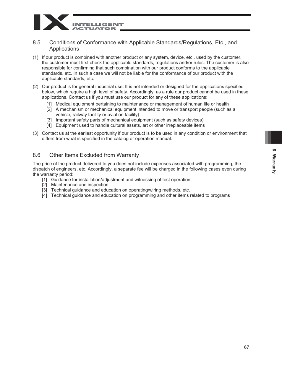 6 other items excluded from warranty | IAI America IX-NNW3515 User Manual | Page 73 / 76