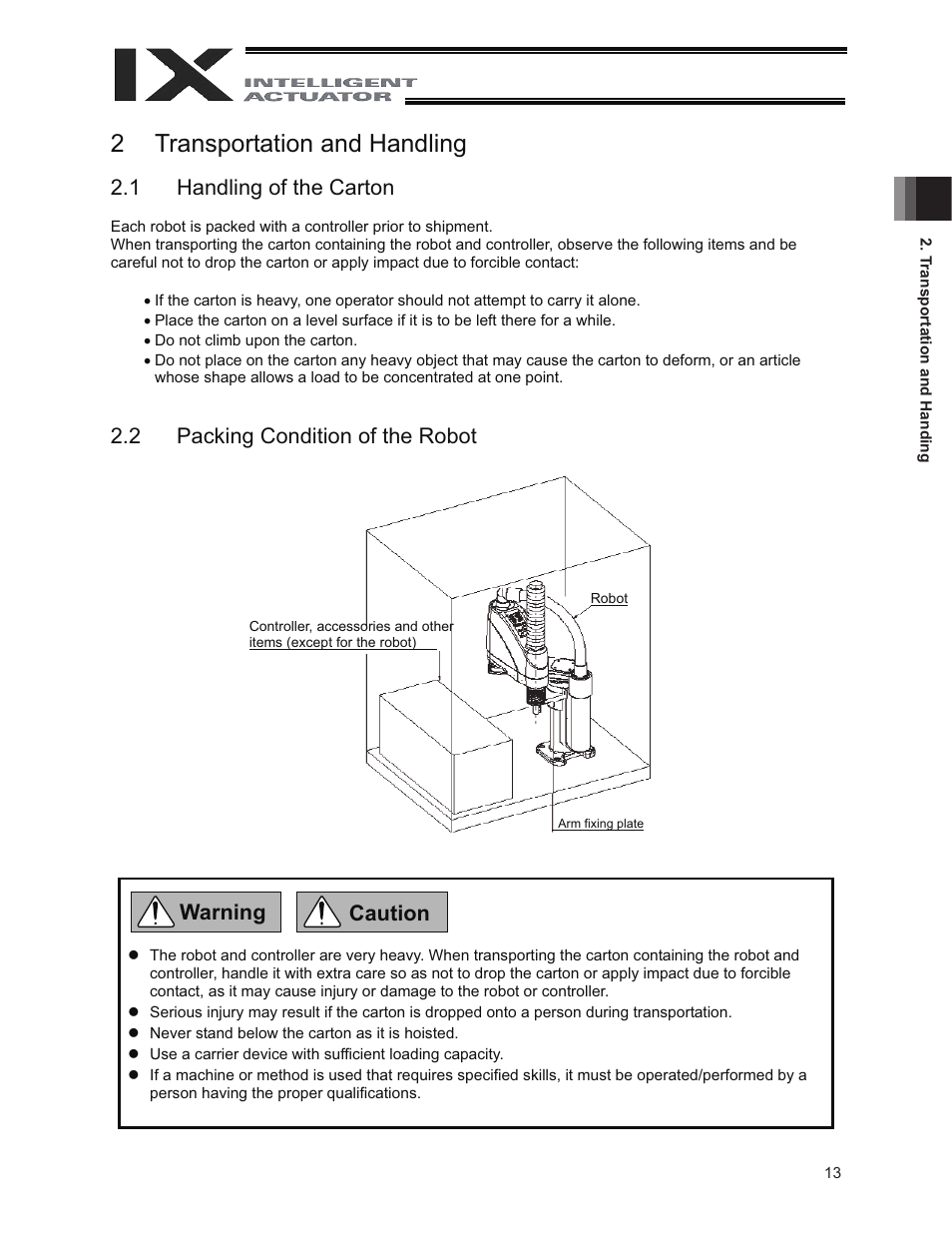 2 transportation and handling, 1 handling of the carton, 2 packing condition of the robot | IAI America IX-NNW8040 User Manual | Page 19 / 88