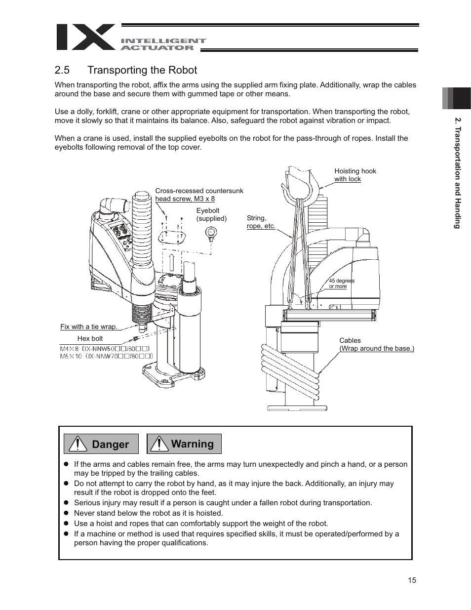 5 transporting the robot, Danger warning | IAI America IX-NNW8040 User Manual | Page 21 / 88