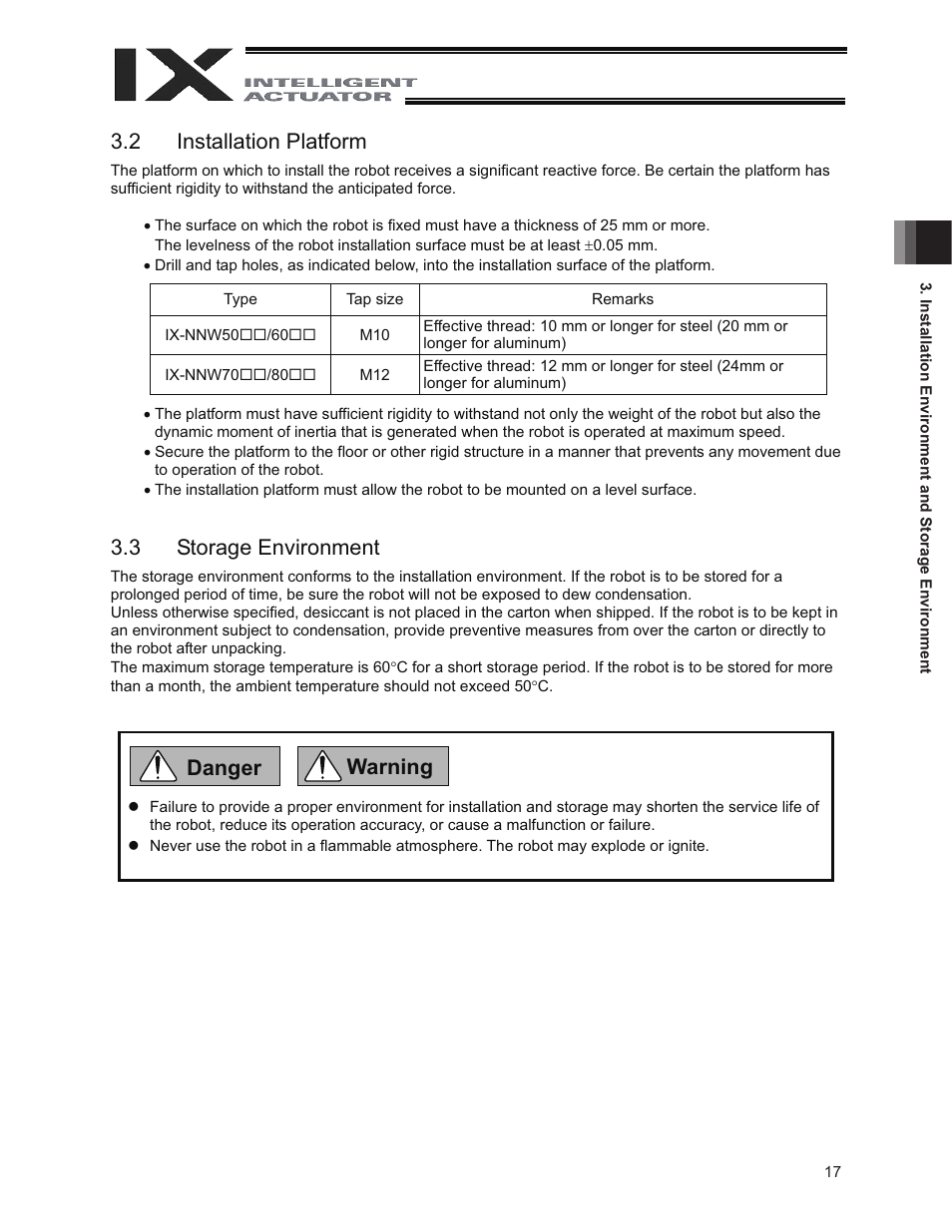 2 installation platform, 3 storage environment, Danger warning | IAI America IX-NNW8040 User Manual | Page 23 / 88