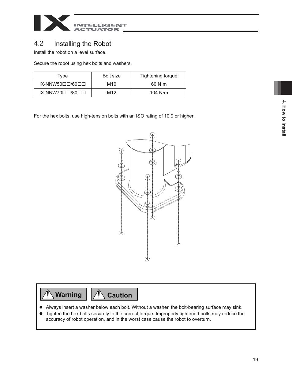 2 installing the robot, 1 installing the robot, Warning caution 4.2 | IAI America IX-NNW8040 User Manual | Page 25 / 88