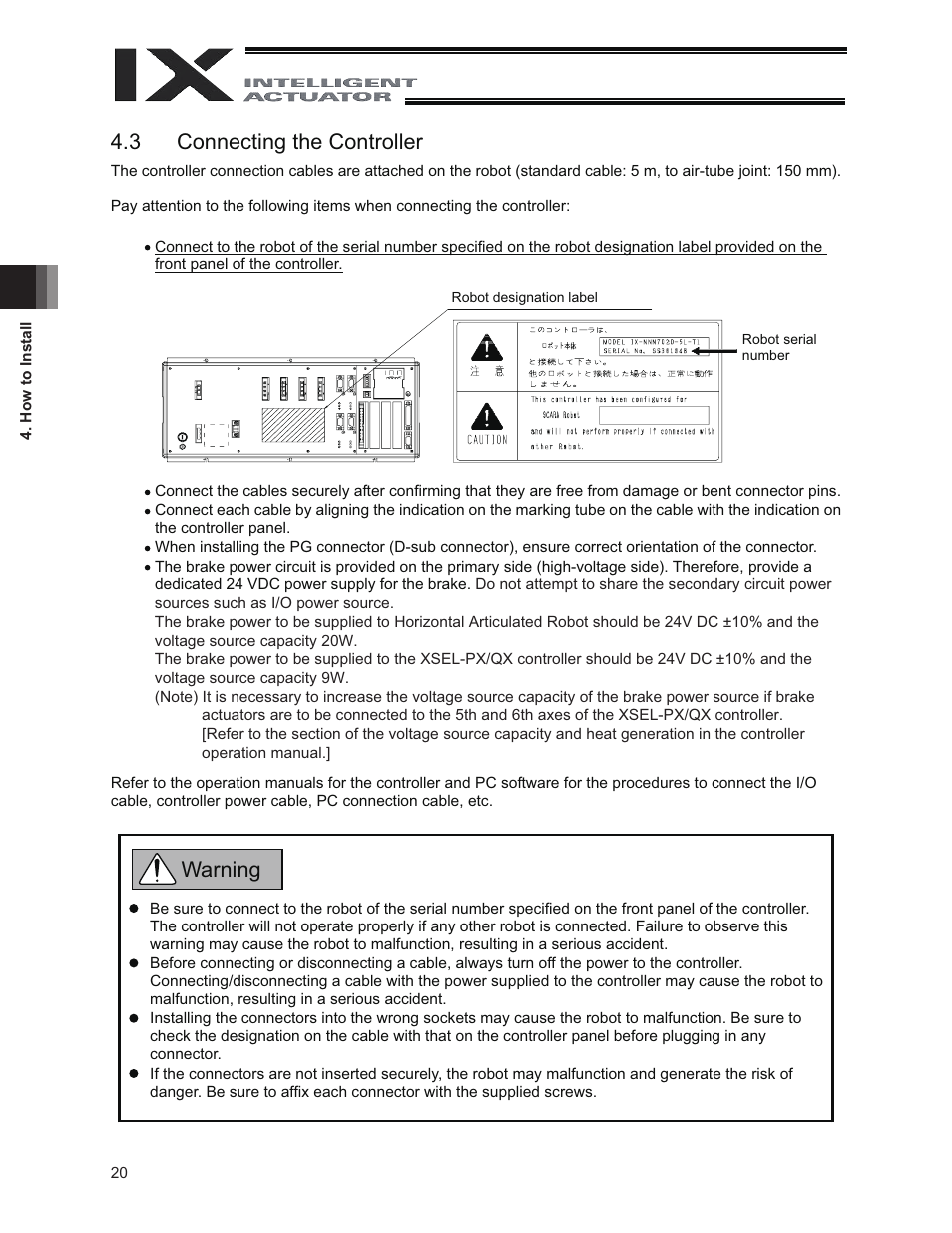3 connecting the controller, Warning | IAI America IX-NNW8040 User Manual | Page 26 / 88