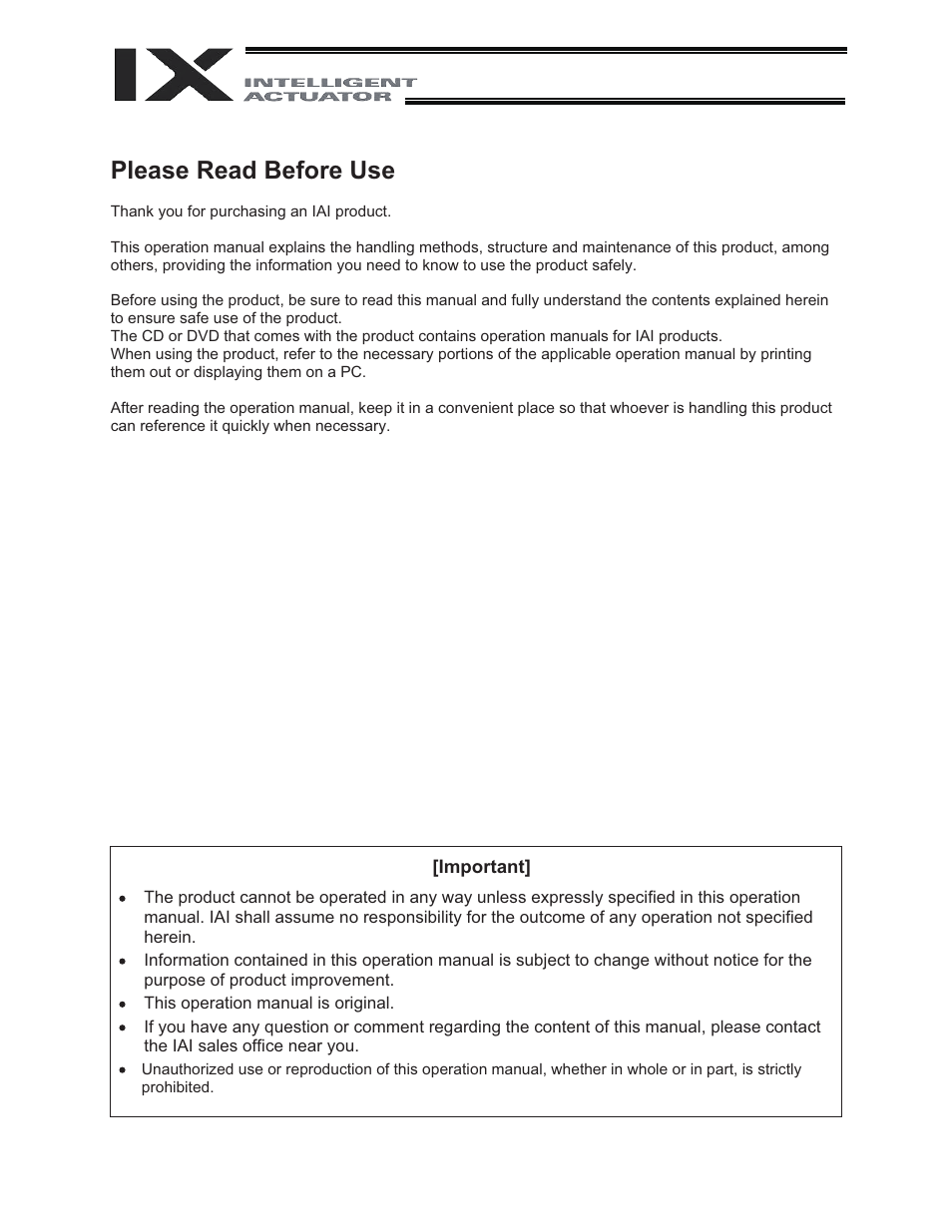 Please read before use | IAI America IX-NNW8040 User Manual | Page 3 / 88