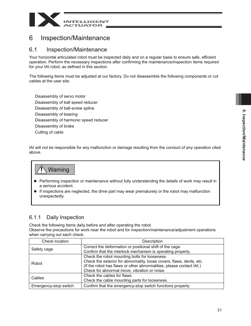 6 inspection/maintenance, 1 inspection/maintenance, 6inspection/maintenance | Warning, 1 daily inspection | IAI America IX-NNW8040 User Manual | Page 37 / 88