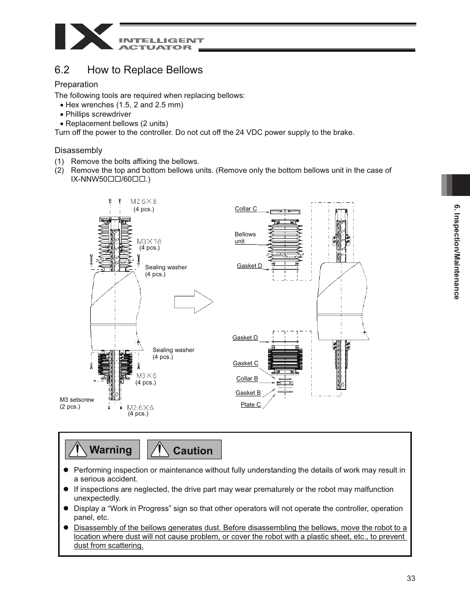 2 how to replace bellows, Warning caution | IAI America IX-NNW8040 User Manual | Page 39 / 88