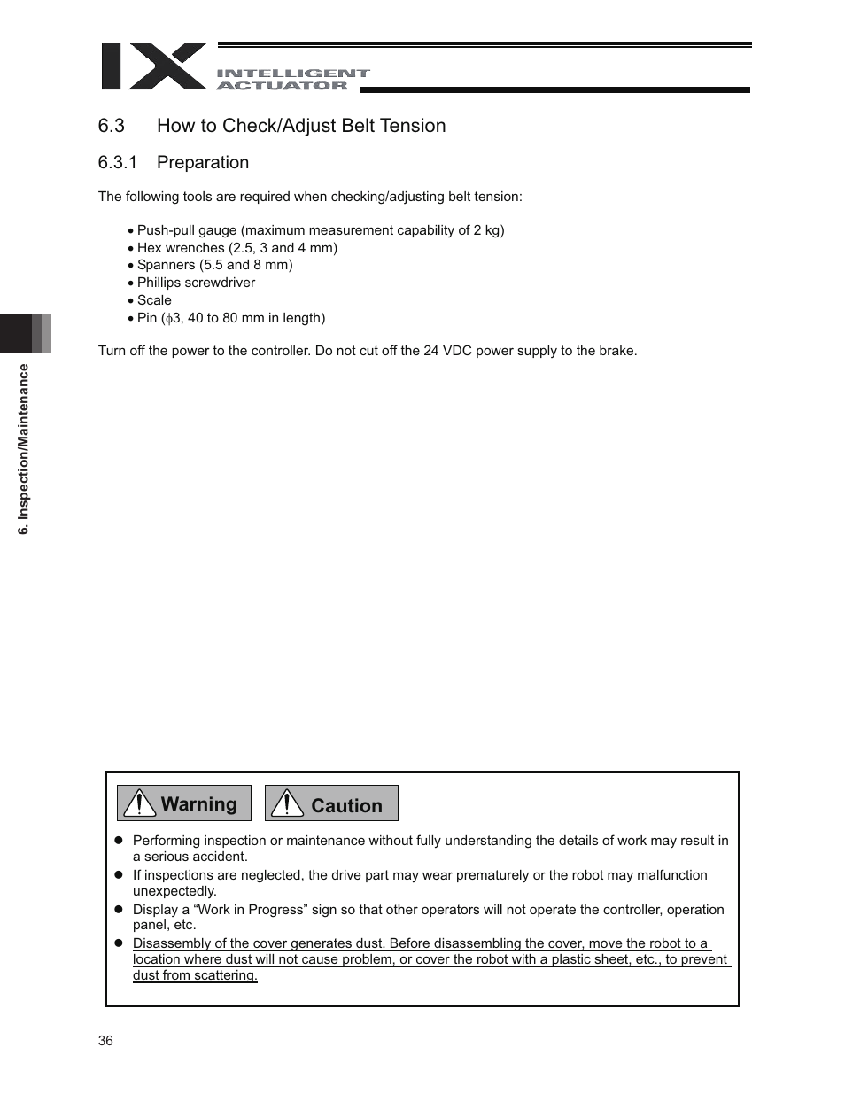 3 how to check/adjust belt tension, Warning caution | IAI America IX-NNW8040 User Manual | Page 42 / 88