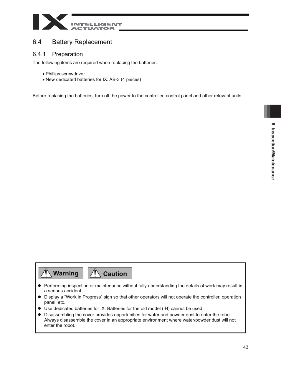 4 battery replacement, Warning caution | IAI America IX-NNW8040 User Manual | Page 49 / 88