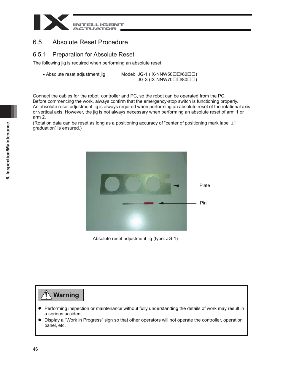 5 absolute reset procedure, Warning, 1 preparation for absolute reset | IAI America IX-NNW8040 User Manual | Page 52 / 88
