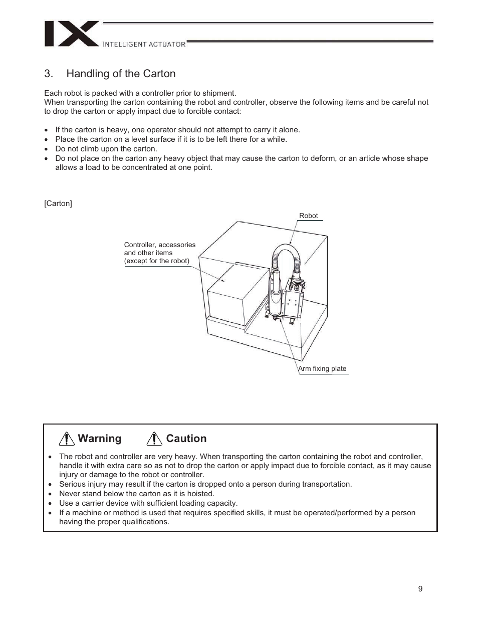 Handling of the carton, Caution warning | IAI America IX-UNN3515H User Manual | Page 15 / 80