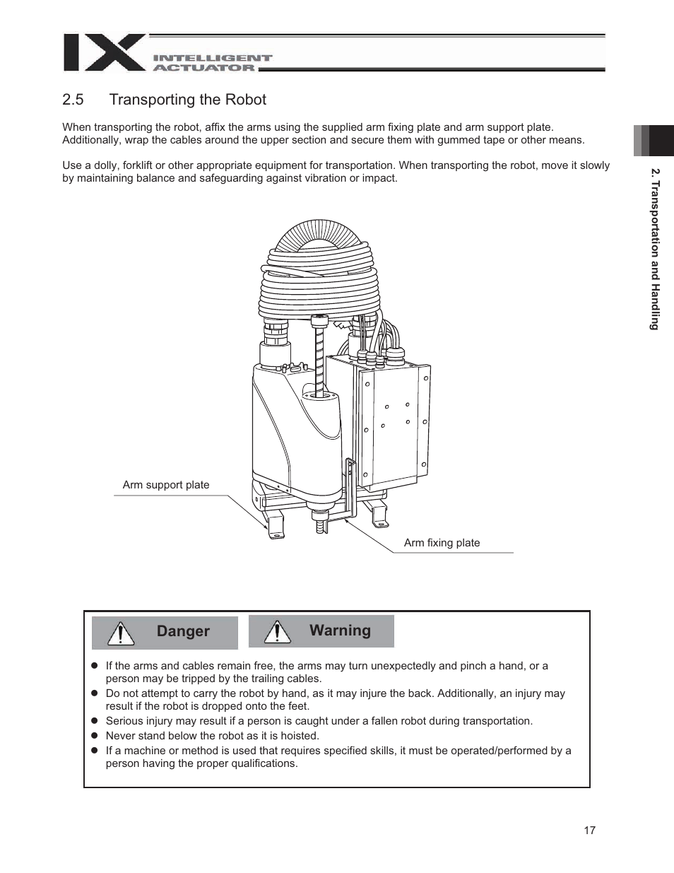 5 transporting the robot, Danger warning 2.5 transporting the robot | IAI America IX-UNN3515 User Manual | Page 23 / 80