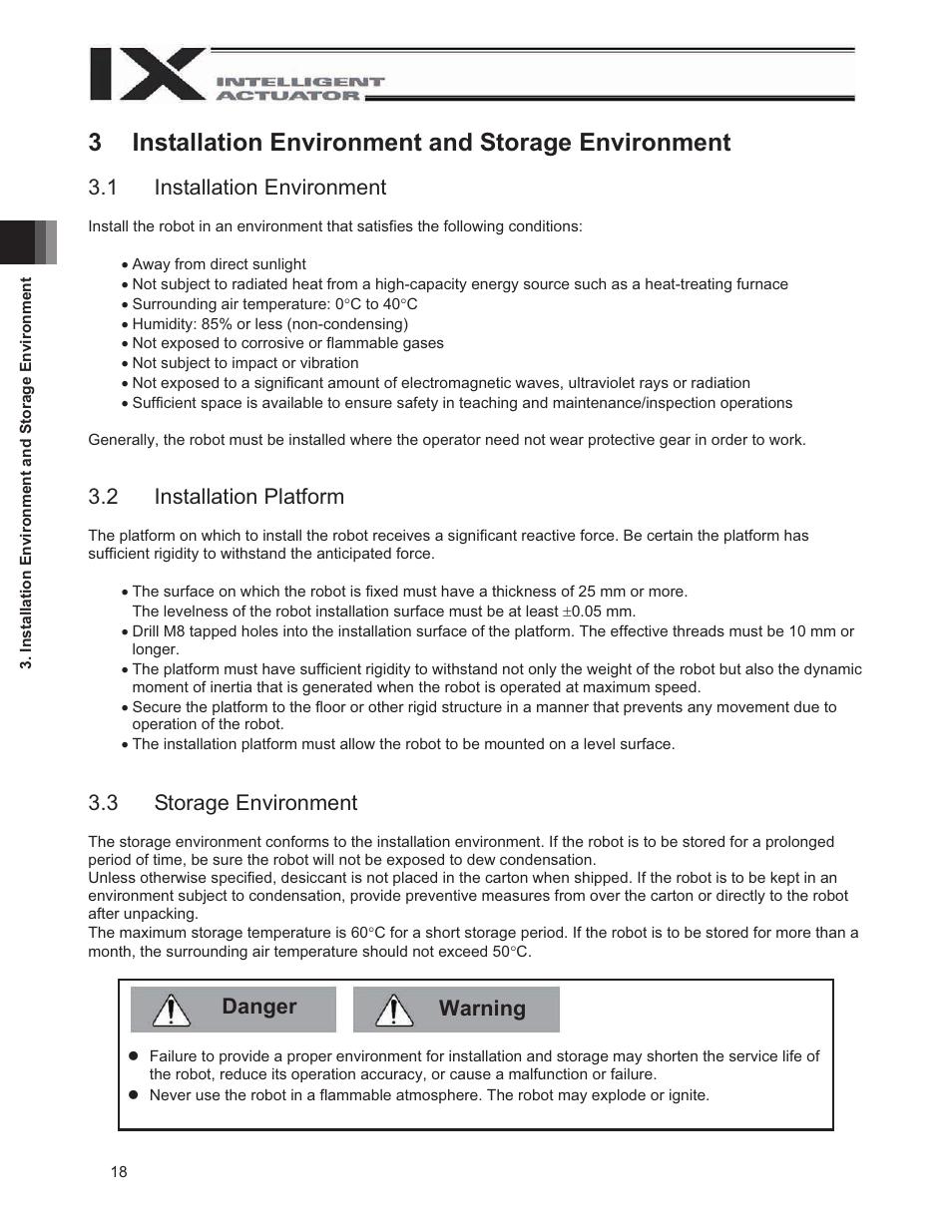 3 installation environment and storage environment, 1 installation environment, 2 installation platform | 3 storage environment, 3installation environment and storage environment, Danger warning | IAI America IX-UNN3515 User Manual | Page 24 / 80