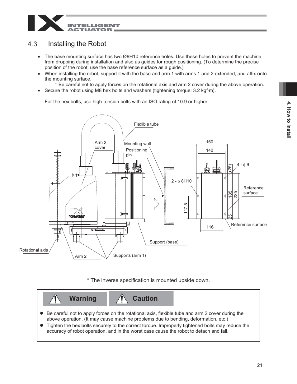 3 installing the robot, Warning 4.2 installing the robot, Caution 4.3 | IAI America IX-UNN3515 User Manual | Page 27 / 80