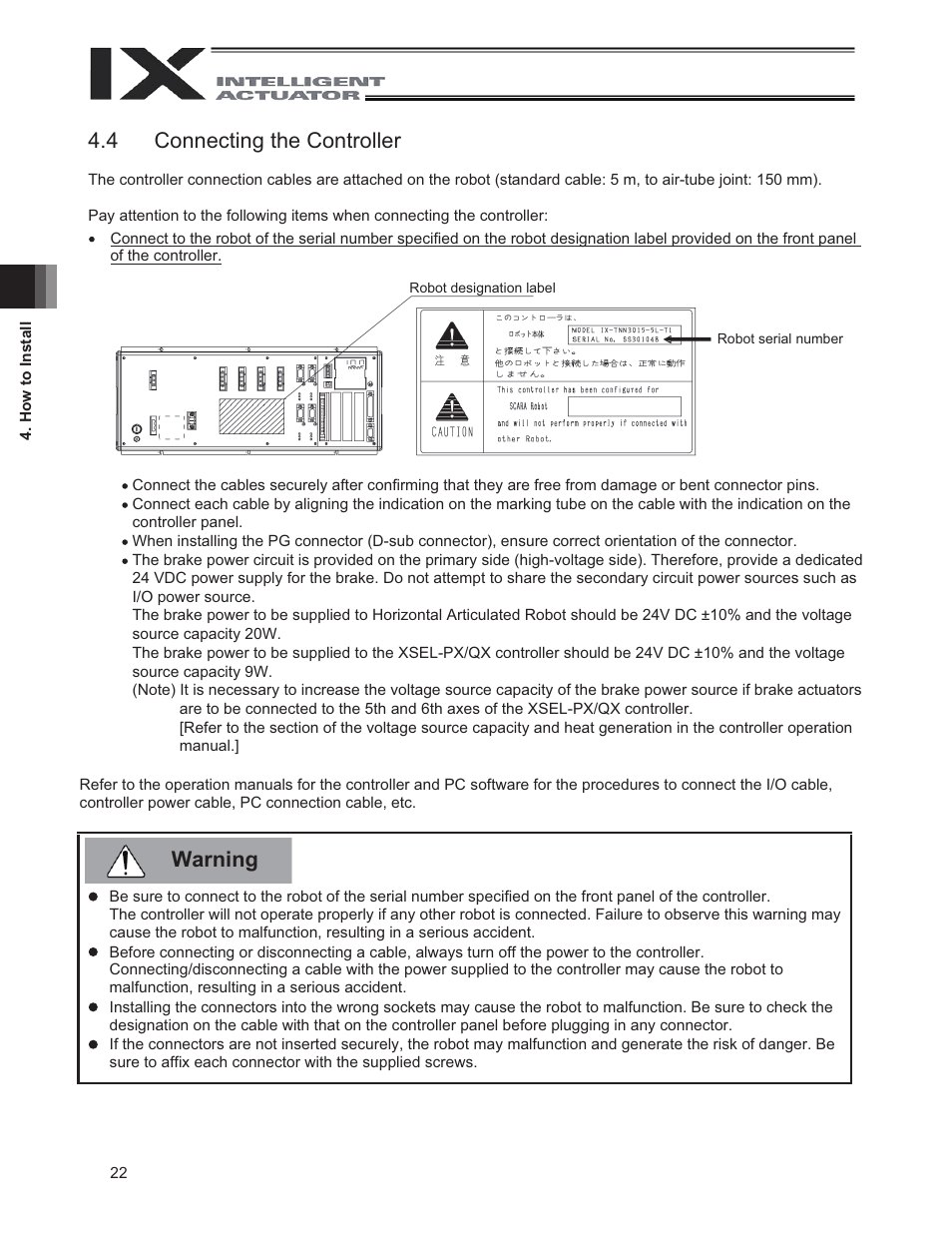 4 connecting the controller, Warning 4.4 connecting the controller | IAI America IX-UNN3515 User Manual | Page 28 / 80