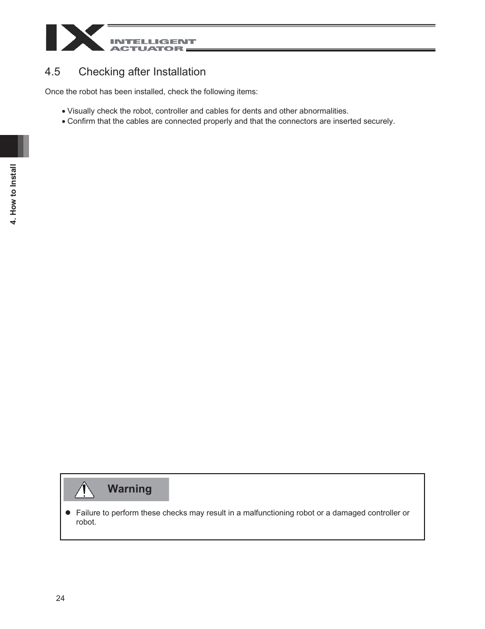 5 checking after installation, Warning 4.4 checking after installation | IAI America IX-UNN3515 User Manual | Page 30 / 80