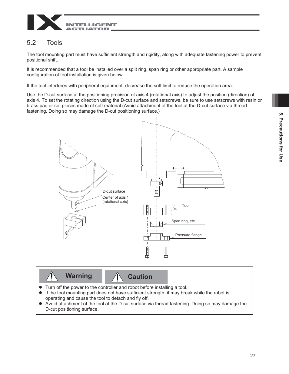 2 tools, Warning 5.2 tools, Caution | IAI America IX-UNN3515 User Manual | Page 33 / 80