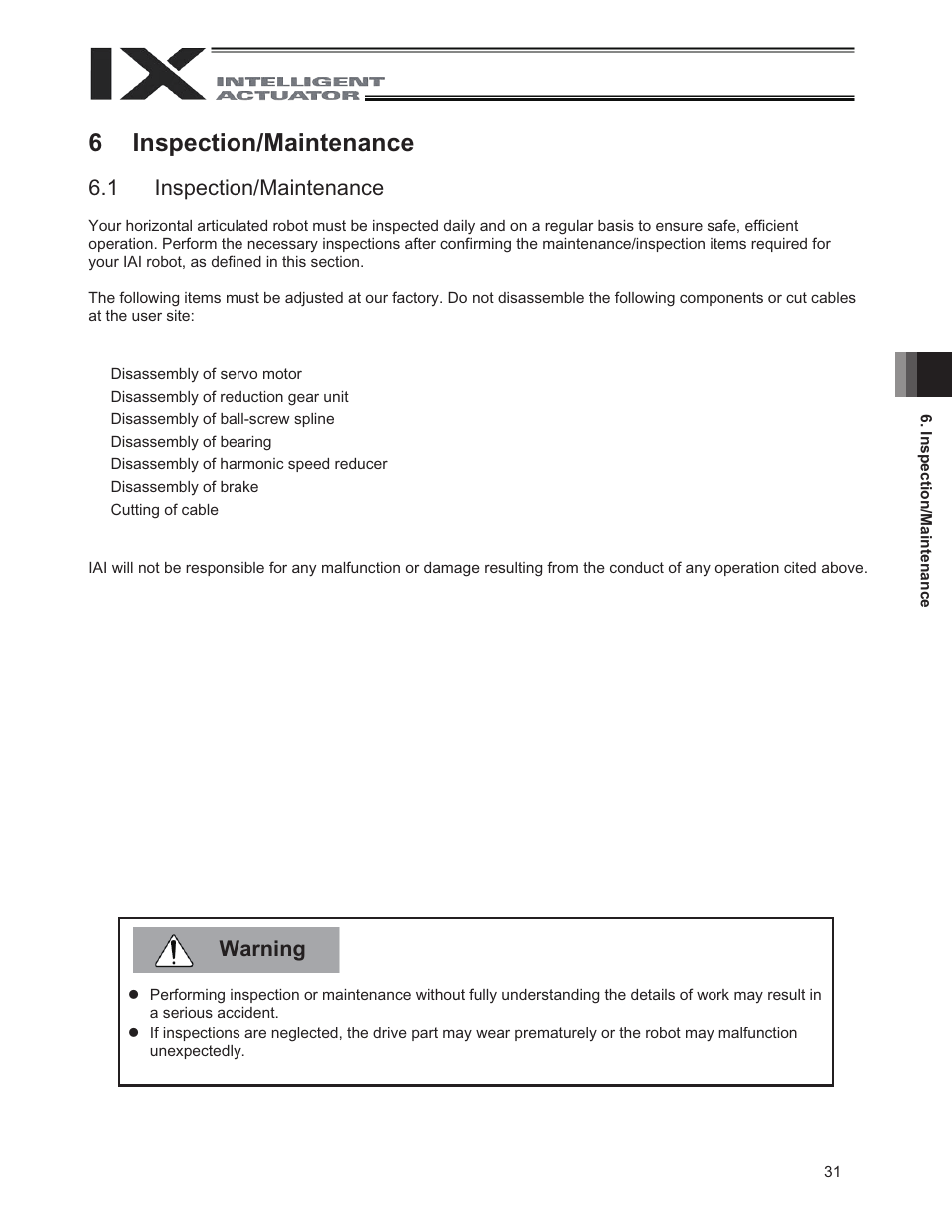 6 inspection/maintenance, 1 inspection/maintenance, Warning | IAI America IX-UNN3515 User Manual | Page 37 / 80