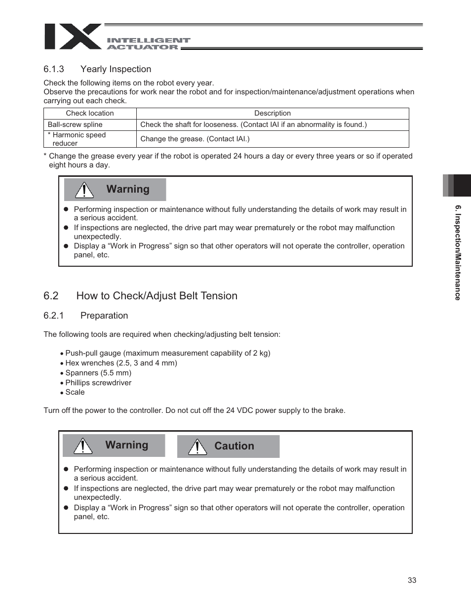 2 how to check/adjust belt tension, Warning, Caution warning | IAI America IX-UNN3515 User Manual | Page 39 / 80