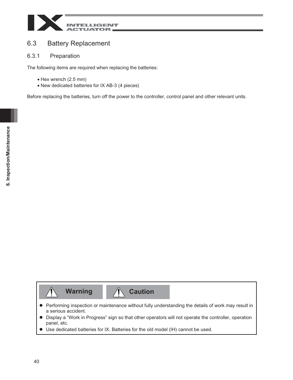 3 battery replacement, Warning 6.3 battery replacement, Caution | IAI America IX-UNN3515 User Manual | Page 46 / 80