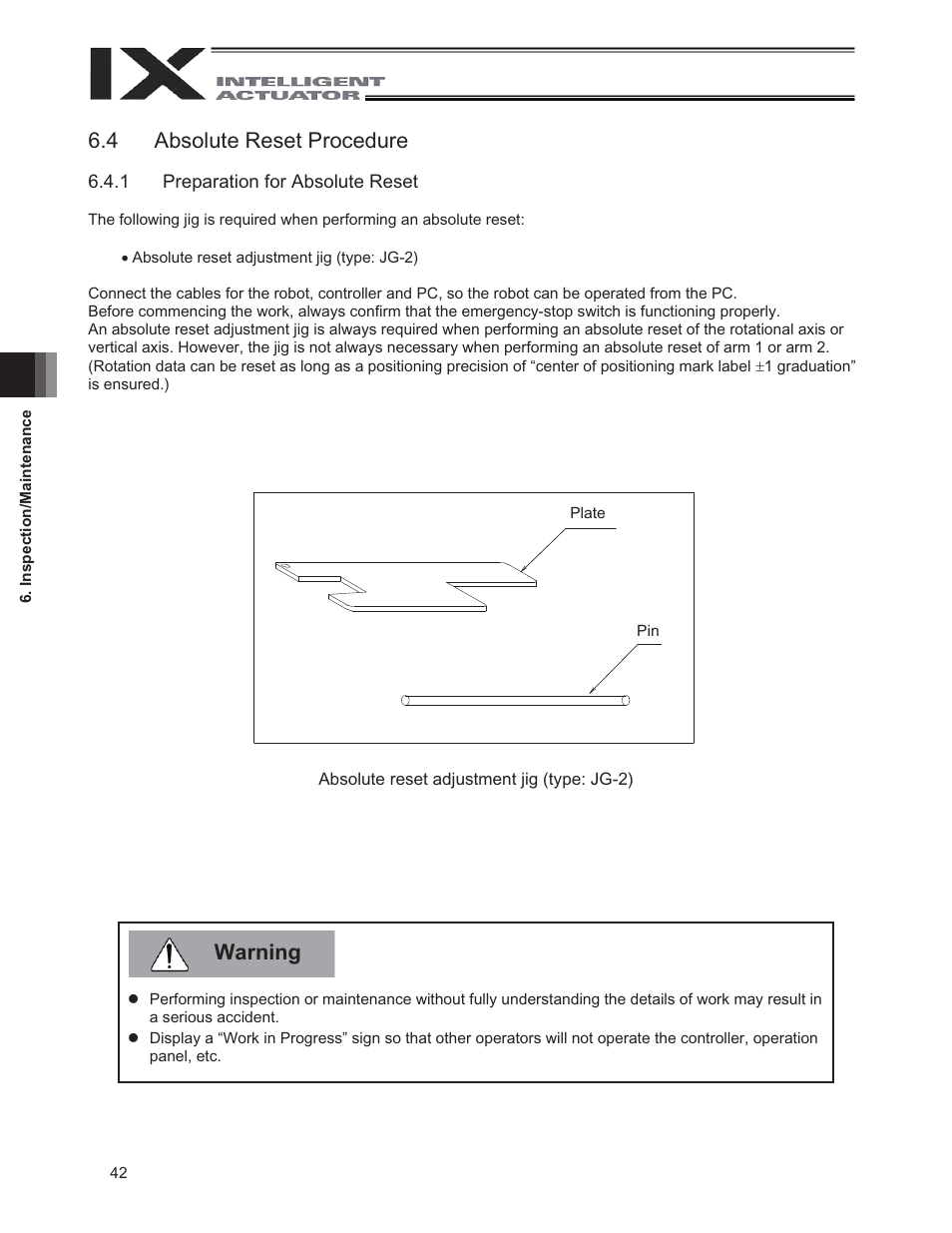 4 absolute reset procedure, Warning 6.4 absolute reset procedure | IAI America IX-UNN3515 User Manual | Page 48 / 80
