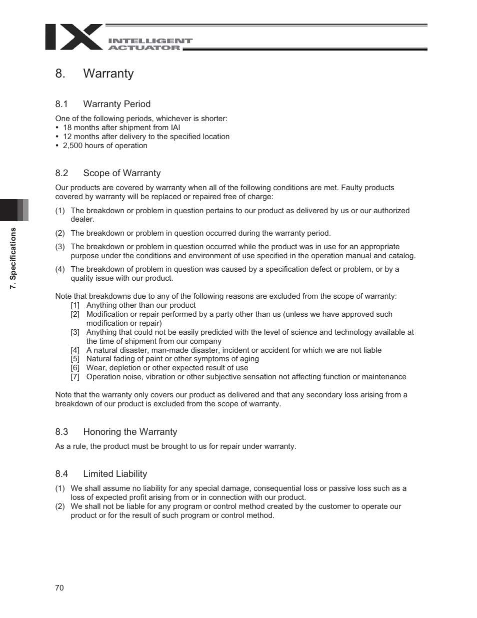 Warranty, 1 warranty period, 2 scope of warranty | 3 honoring the warranty, 4 limited liability | IAI America IX-UNN3515 User Manual | Page 76 / 80