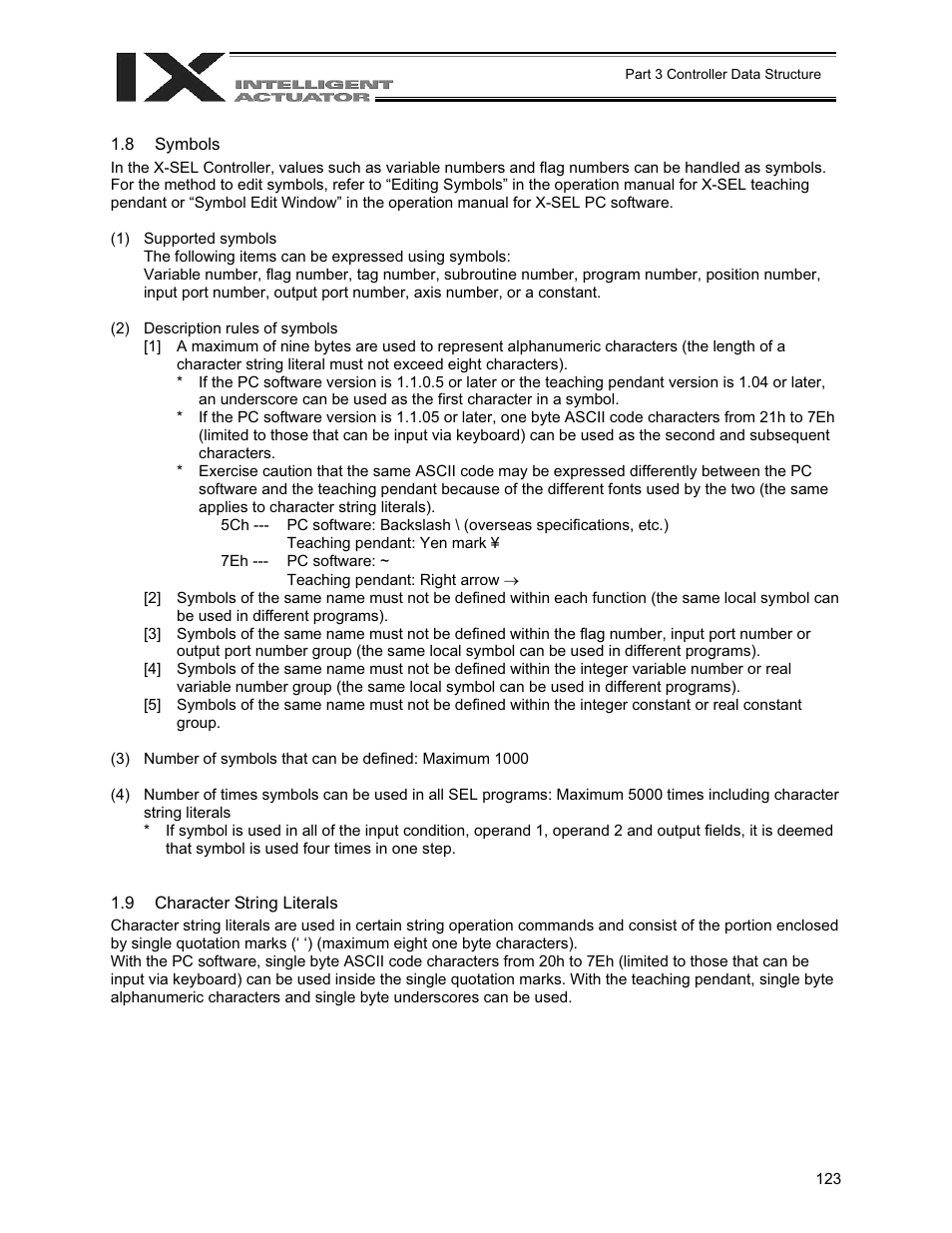 Symbols, Character string literals | IAI America XSEL-QX User Manual | Page 147 / 558