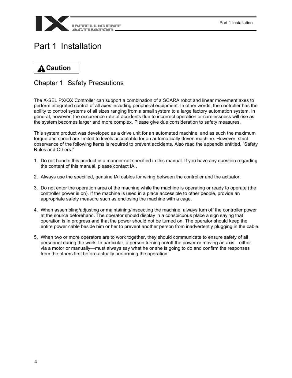 Part 1 installation, Chapter 1 safety precautions, Part 1 | Installation, Chapter 1, Safety precautions, Caution chapter 1 safety precautions | IAI America XSEL-QX User Manual | Page 28 / 558