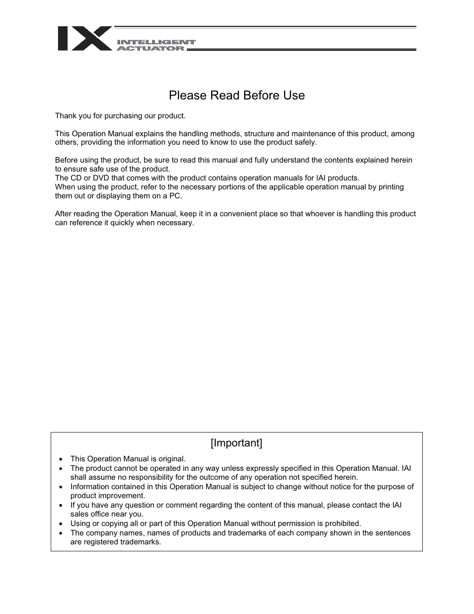 Please read before use, Important | IAI America XSEL-QX User Manual | Page 3 / 558