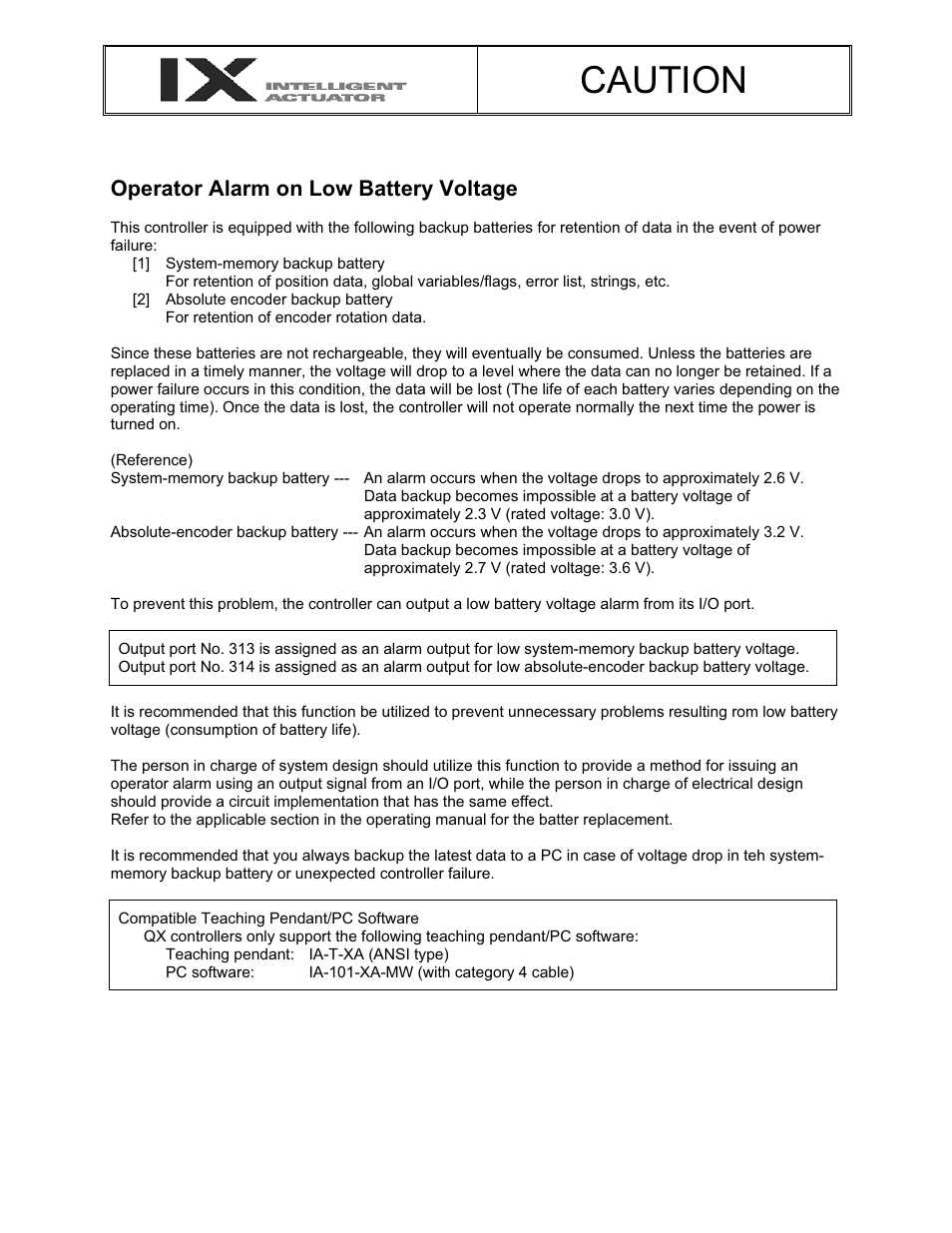Caution, Operator alarm on low battery voltage | IAI America XSEL-QX User Manual | Page 4 / 558