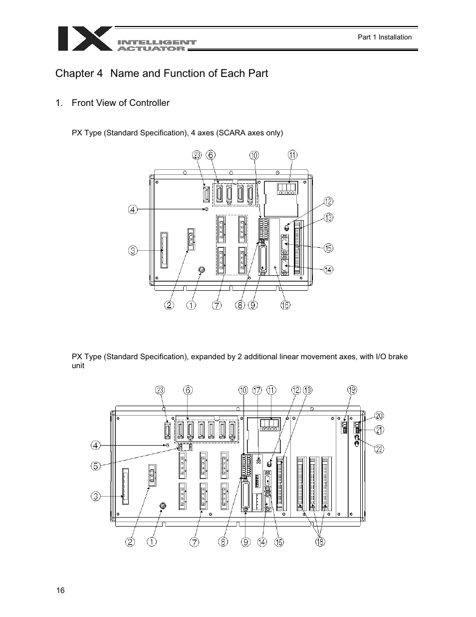 Chapter 4 name and function of each part, Chapter 4, Name and function of each part | Front view of controller | IAI America XSEL-QX User Manual | Page 40 / 558