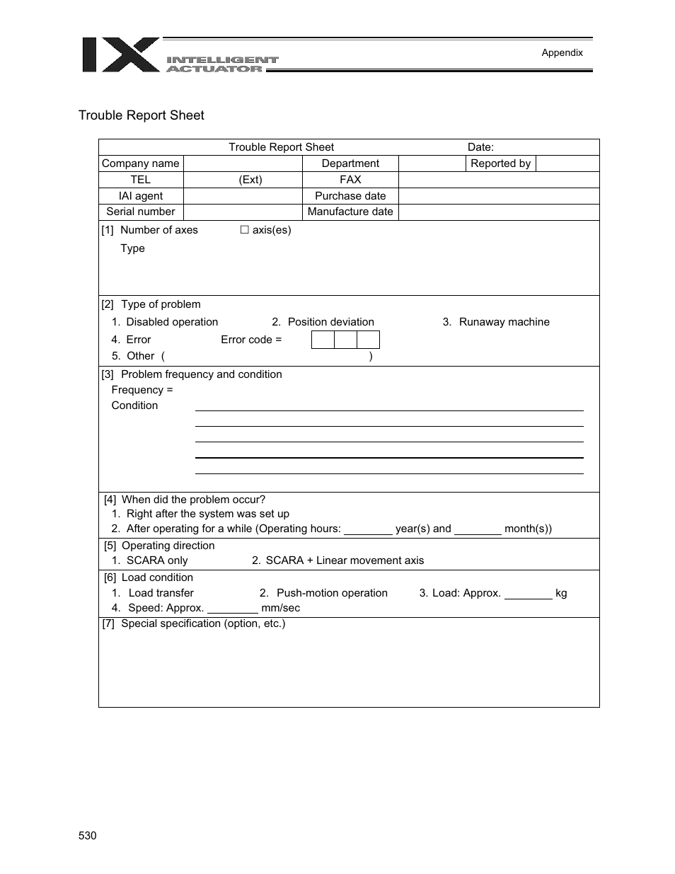 Trouble report sheet | IAI America XSEL-QX User Manual | Page 554 / 558