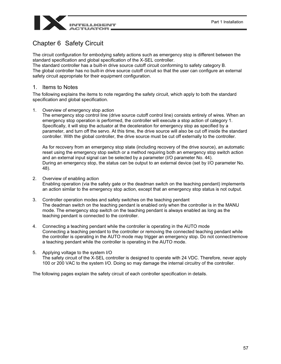 Chapter 6 safety circuit, Chapter 6, Safety circuit | Items to notes | IAI America XSEL-QX User Manual | Page 81 / 558