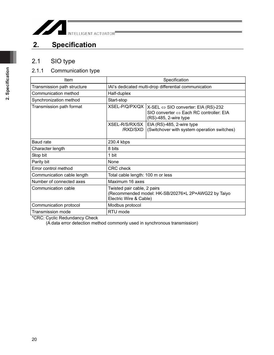 Specification, 1 sio type | IAI America XSEL-S User Manual | Page 26 / 154