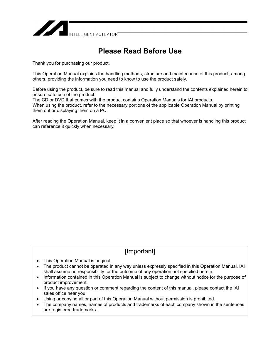 Please read before use, Important | IAI America XSEL-S User Manual | Page 3 / 154