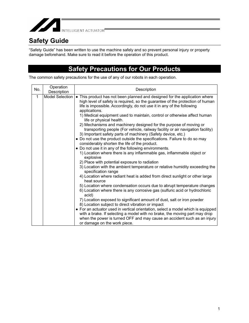 Safety guide, Safety precautions for our products | IAI America XSEL-S User Manual | Page 7 / 154