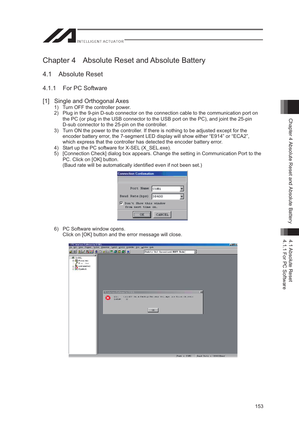 Chapter 4 absolute reset and absolute battery, 1 absolute reset | IAI America XSEL-S User Manual | Page 161 / 544