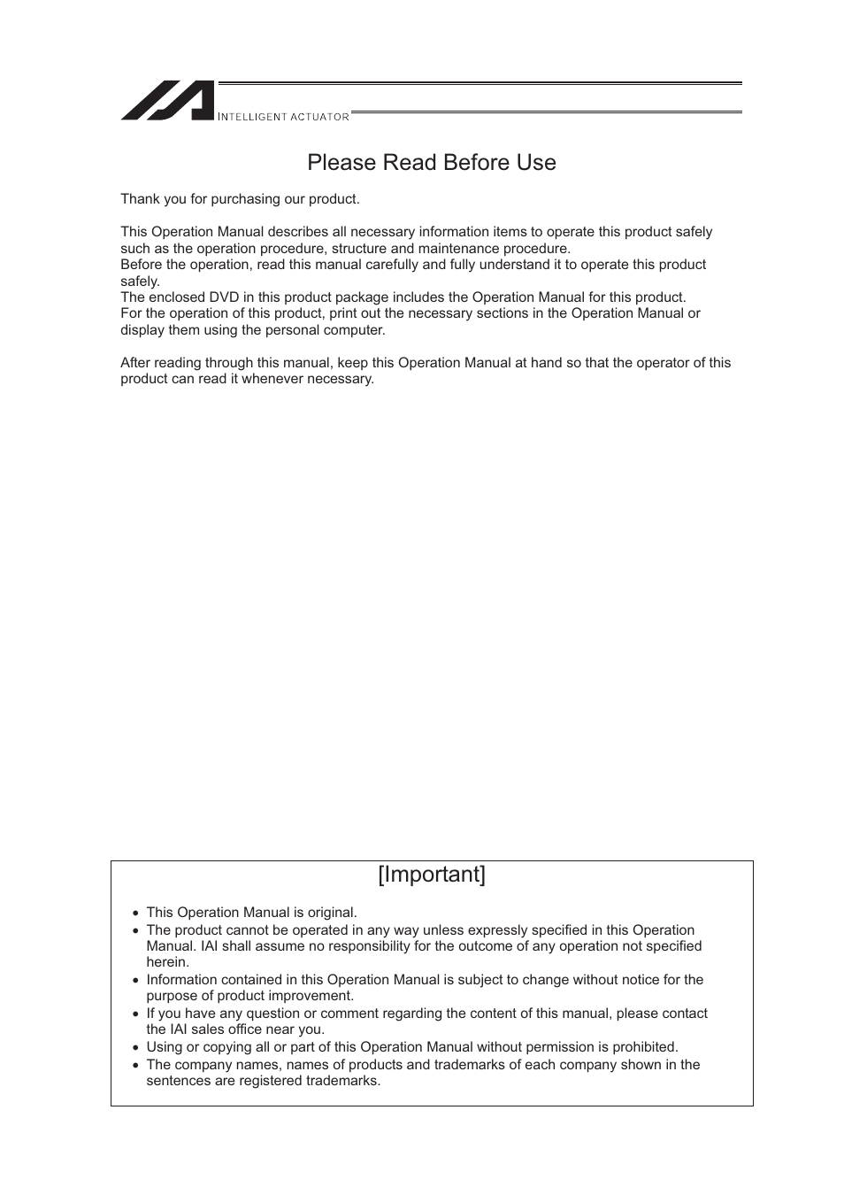 Please read before use, Important | IAI America XSEL-S User Manual | Page 3 / 544