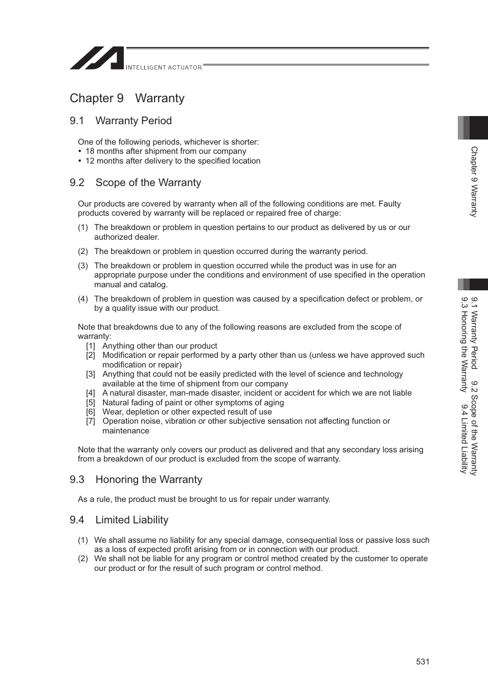Chapter 9 warranty, 1 warranty period, 2 scope of the warranty | 3 honoring the warranty, 4 limited liability | IAI America XSEL-S User Manual | Page 539 / 544