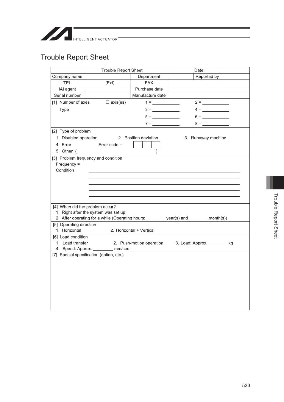 Trouble report sheet | IAI America XSEL-S User Manual | Page 541 / 544