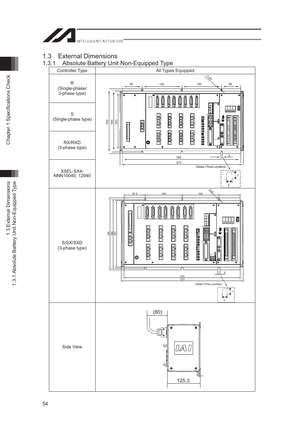 3 external dimensions, 1 absolute battery unit non-equipped type, S/sx/sxd (3-phase type) | Side view | IAI America XSEL-S User Manual | Page 62 / 544