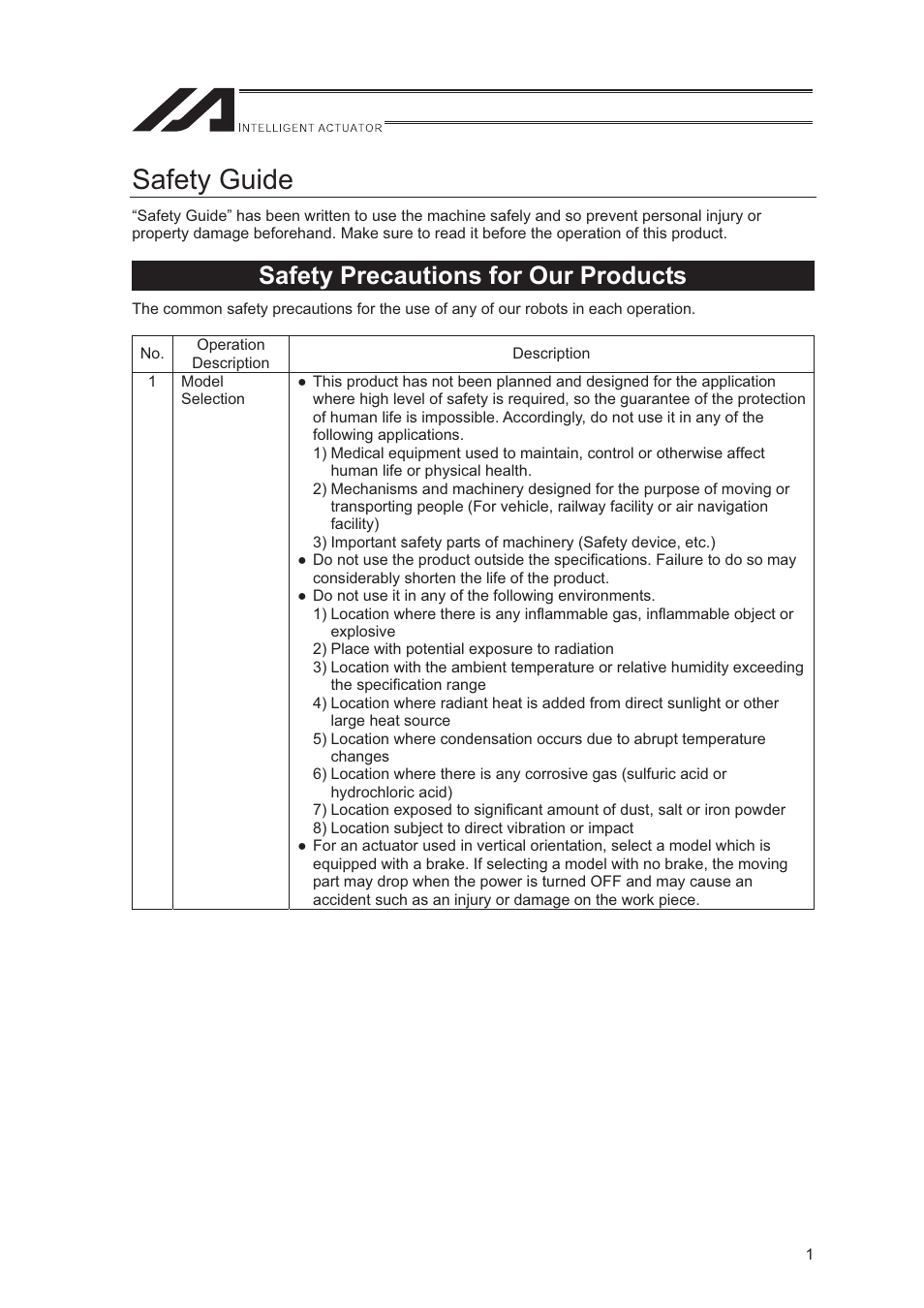 Safety guide, Safety precautions for our products | IAI America XSEL-S User Manual | Page 9 / 544