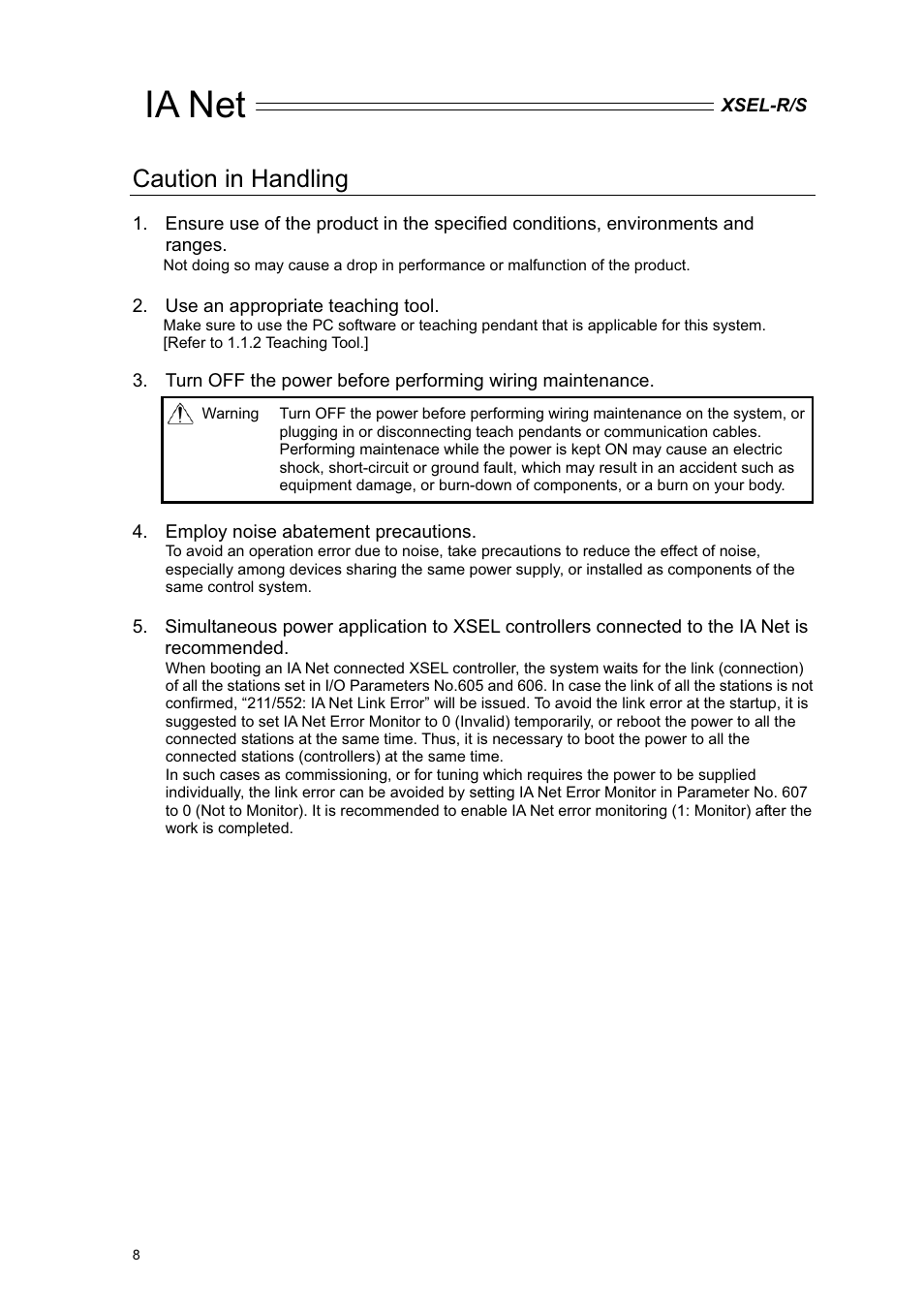 Caution in handling, Ia net | IAI America XSEL-S User Manual | Page 14 / 84