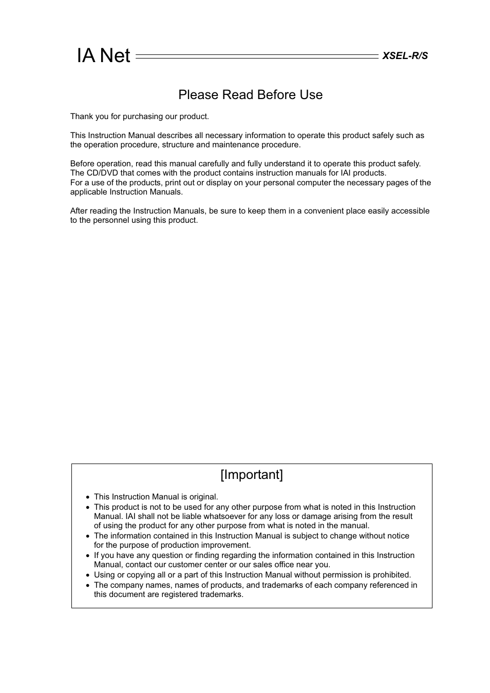 Please read before use, Ia net, Important | IAI America XSEL-S User Manual | Page 3 / 84