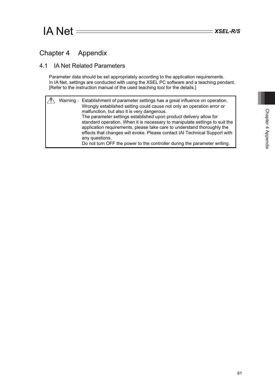 Chapter 4 appendix, 1 ia net related parameters, Ia net | IAI America XSEL-S User Manual | Page 67 / 84