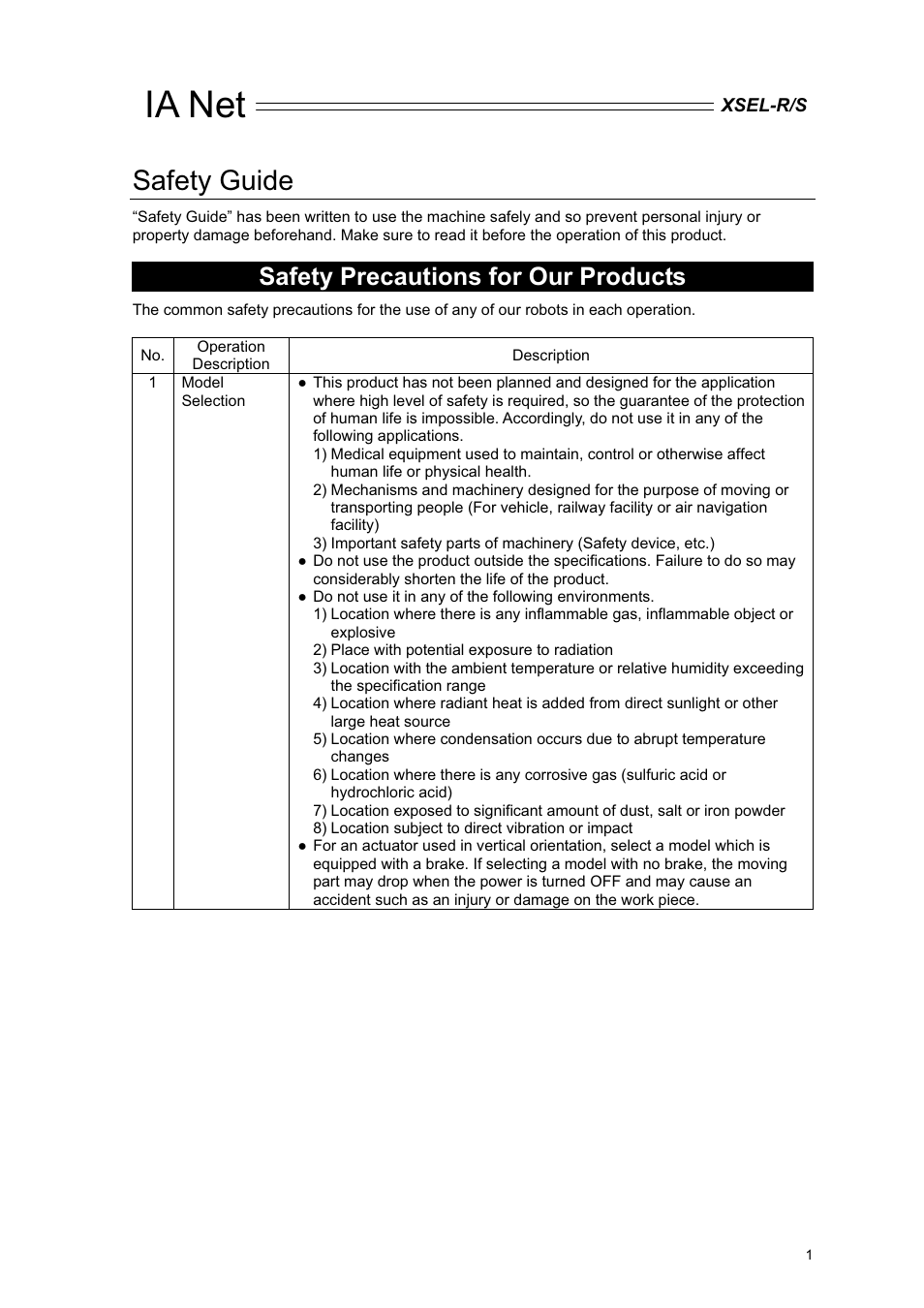 Safety guide, Ia net, Safety precautions for our products | IAI America XSEL-S User Manual | Page 7 / 84