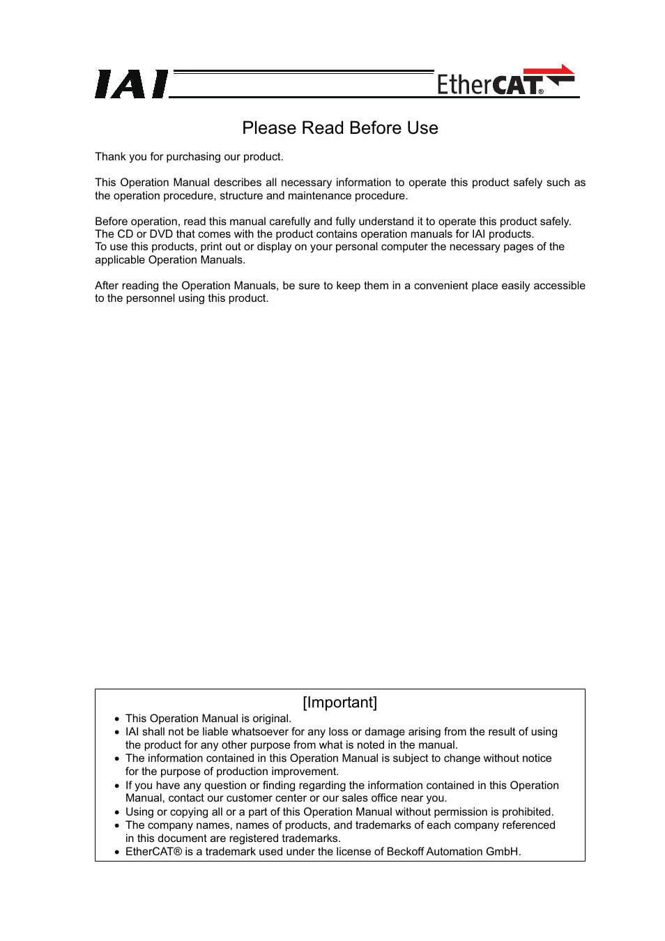 Please read before use, Important | IAI America XSEL-S User Manual | Page 3 / 42