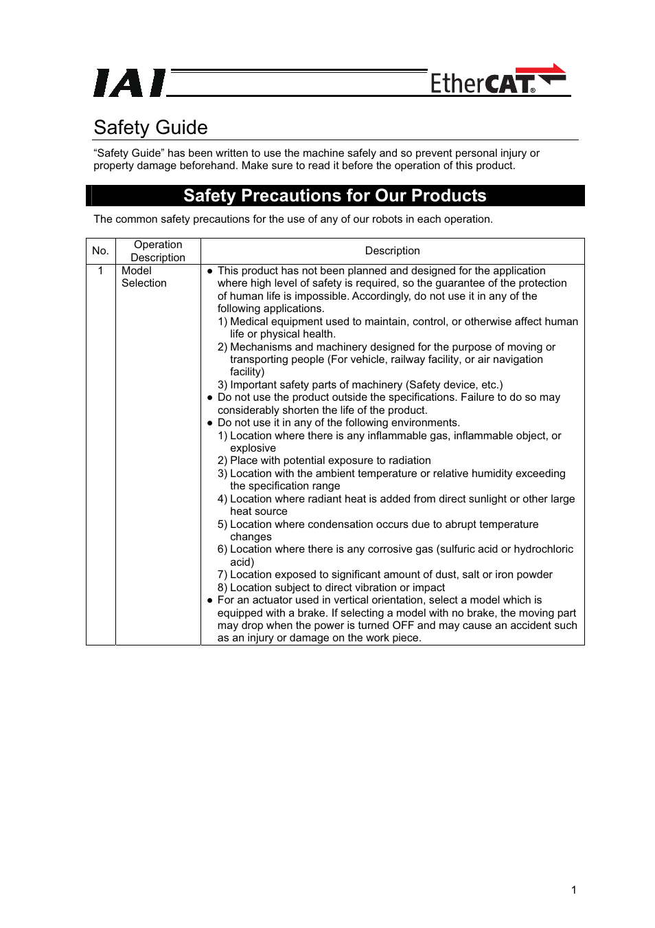 Safety guide, Safety precautions for our products | IAI America XSEL-S User Manual | Page 7 / 42