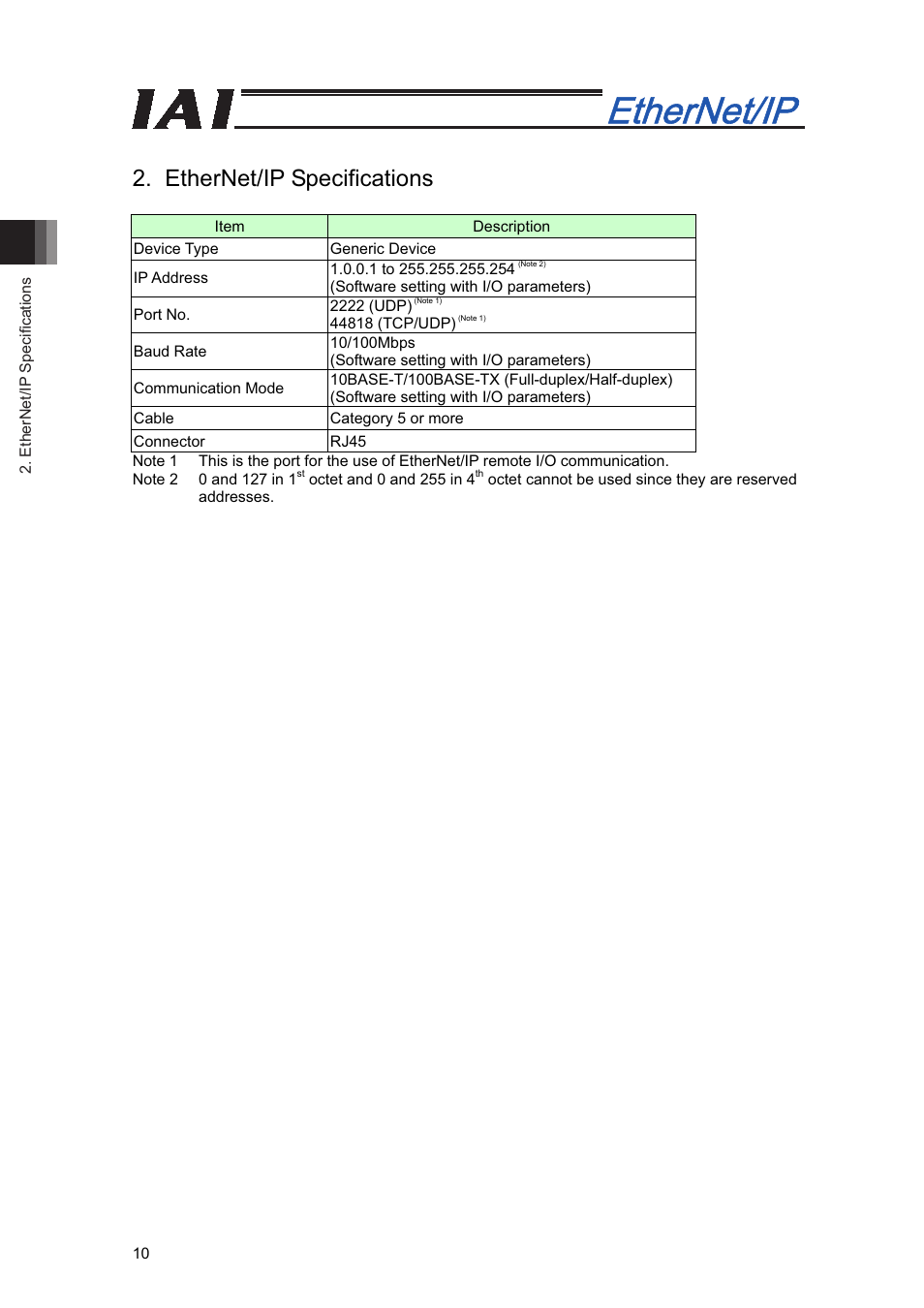 Ethernet/ip specifications | IAI America XSEL-S User Manual | Page 16 / 48