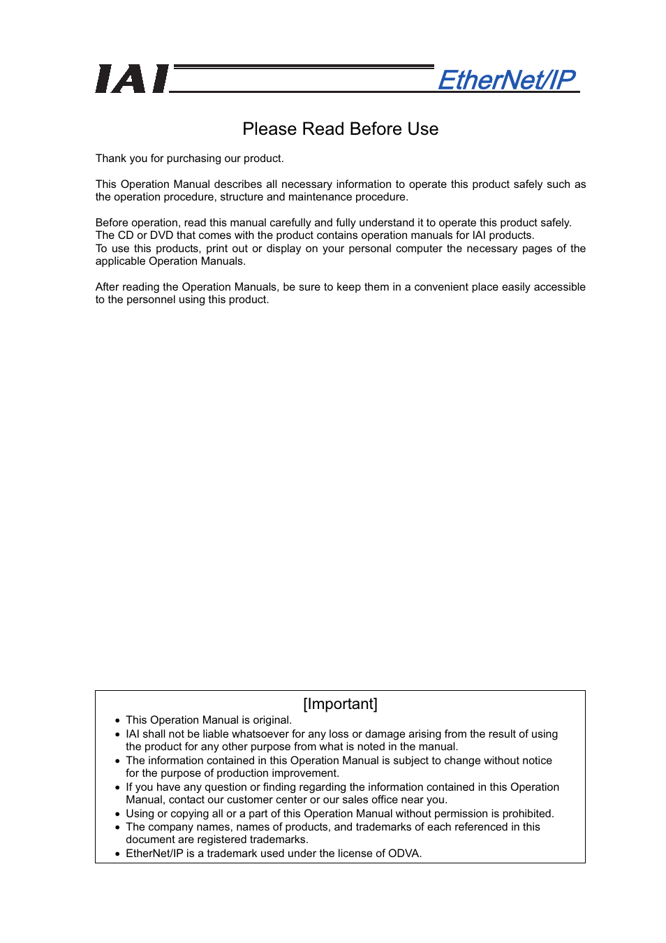 Please read before use, Important | IAI America XSEL-S User Manual | Page 3 / 48